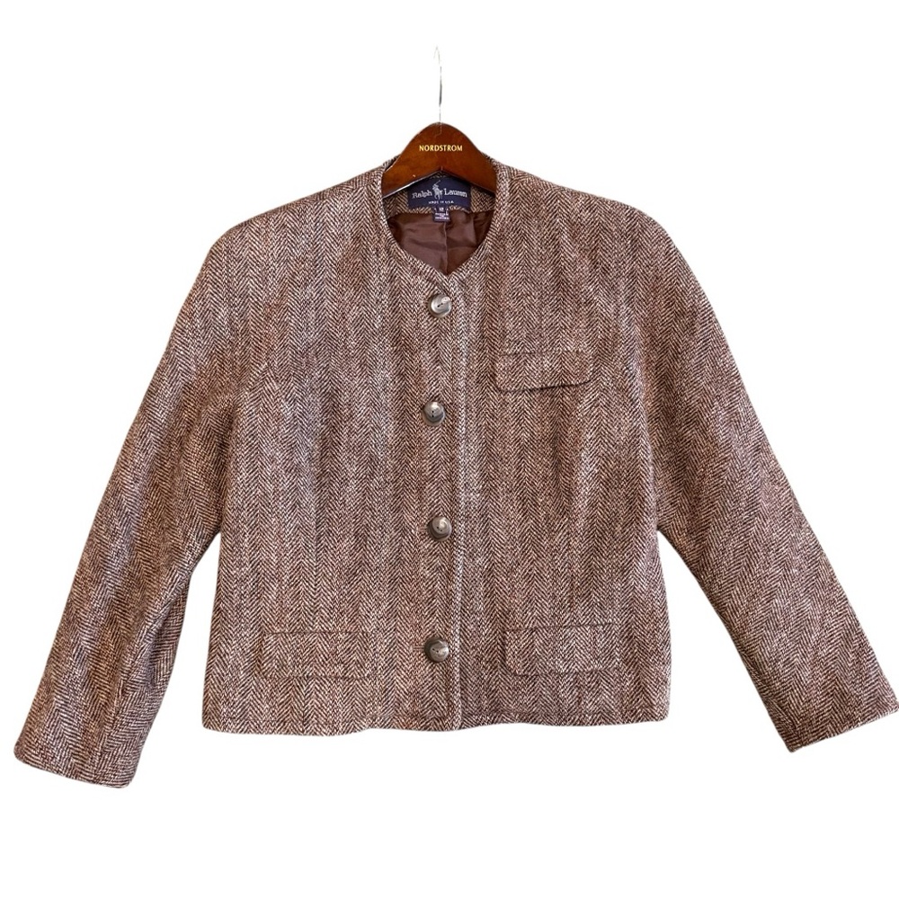 Ralph Lauren Polo Wool Tweed Herringbone Blazer Collarless Made in USA 12